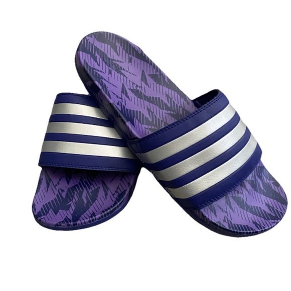 Adidas Adilette Comfort Men 10 Indigo Silver Metallic Slides Slip On Shoe Purple - Picture 1 of 7